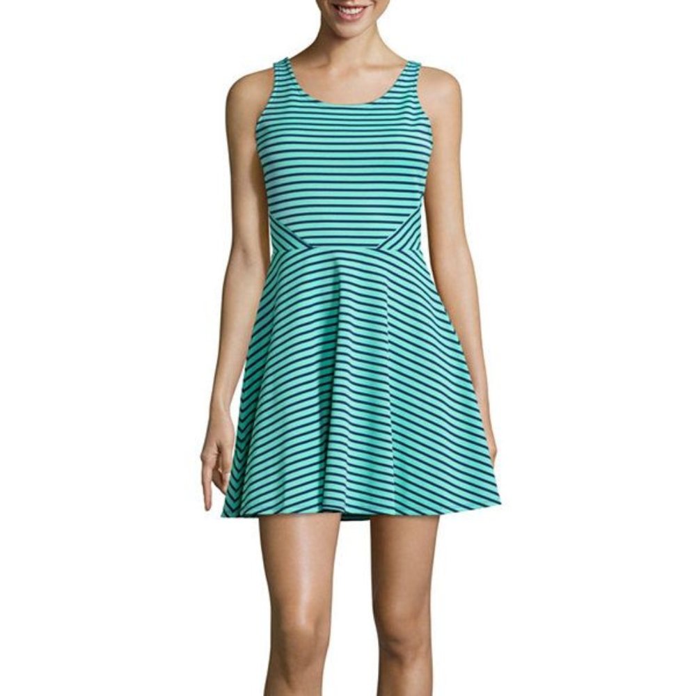 Decree Turquoise & Navy Blue Striped Skater Dress